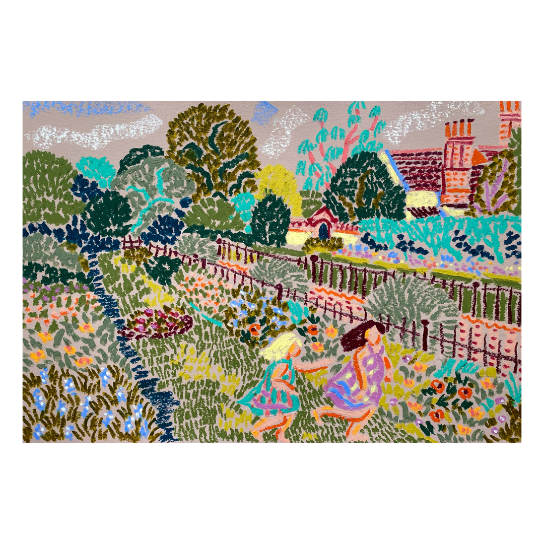 Sisters run down the grassy path by Camilla Perkins